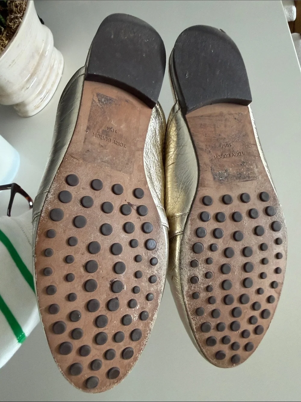 Tory Burch Metallic Gold Slip-On Mule with Logo Plaque